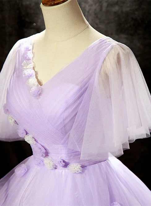 Lavender Tulle V-neckline Sweet 16 Dress with Flowers Formal Dress Prom Dress Elegant Wholesale