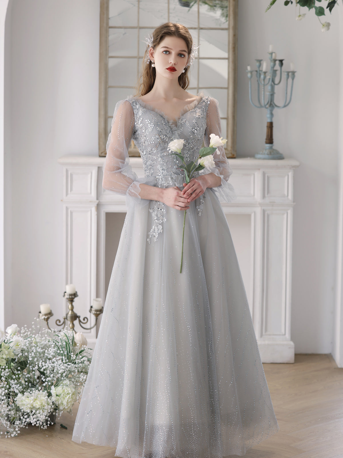 Light Grey Tulle V-neckline Beaded Long Party Dress, Grey Tulle Prom Dress Evening Dress