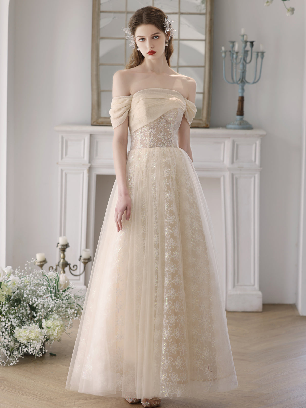 Champagne A-Line Tulle Lace Long Prom Dress, Champagne Formal Dress