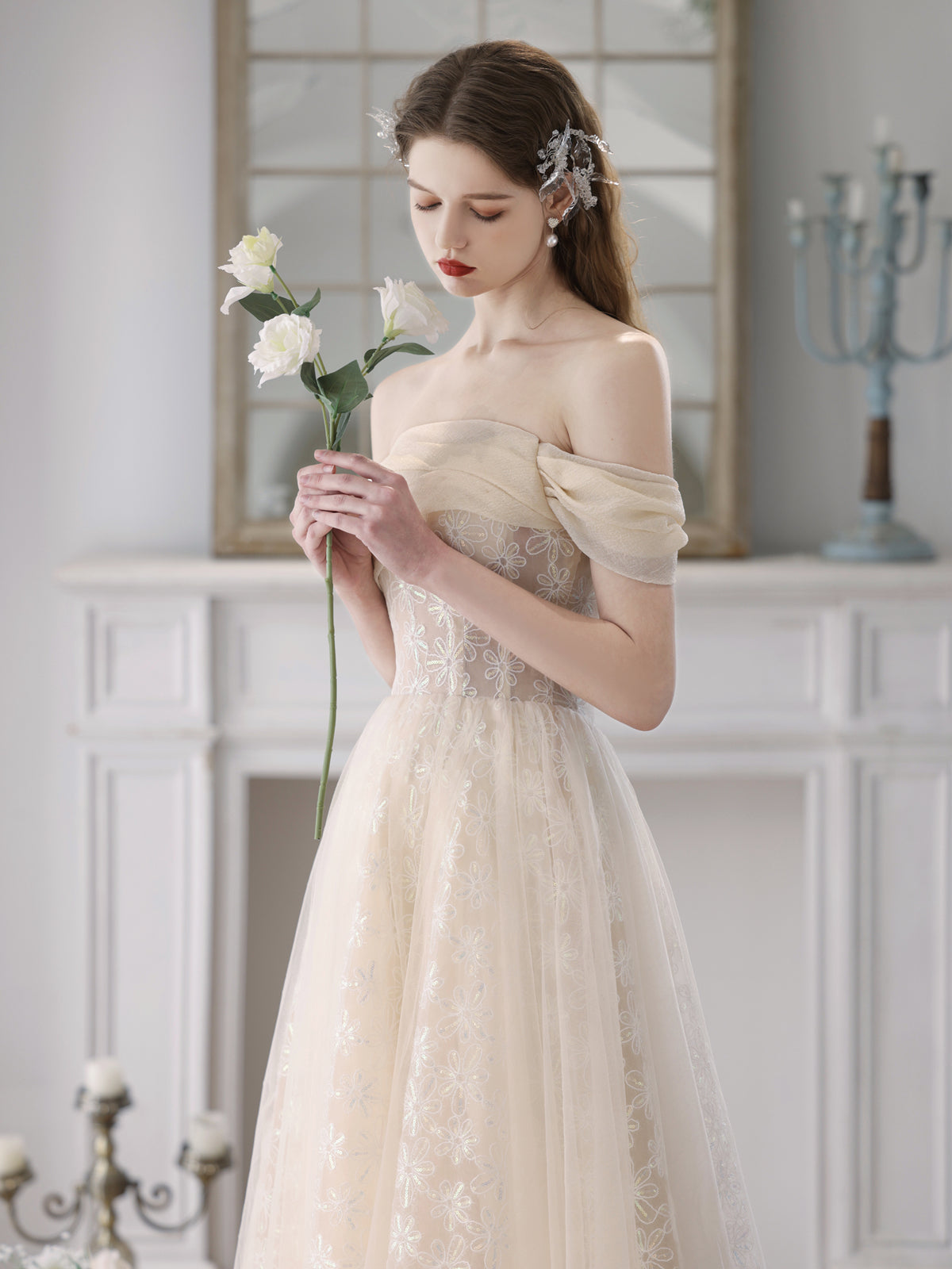 Champagne A-Line Tulle Lace Long Prom Dress, Champagne Formal Dress