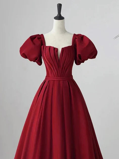 Wine Red Short Sleeves A-line Floor Length Party Dress Long Prom Dress Elegant Evening Dress