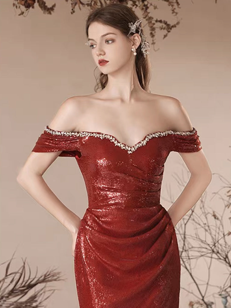 Simple Off Shoulder Sequin Mermaid Burgundy Long Prom Dress, Sequin Long Evening Dress