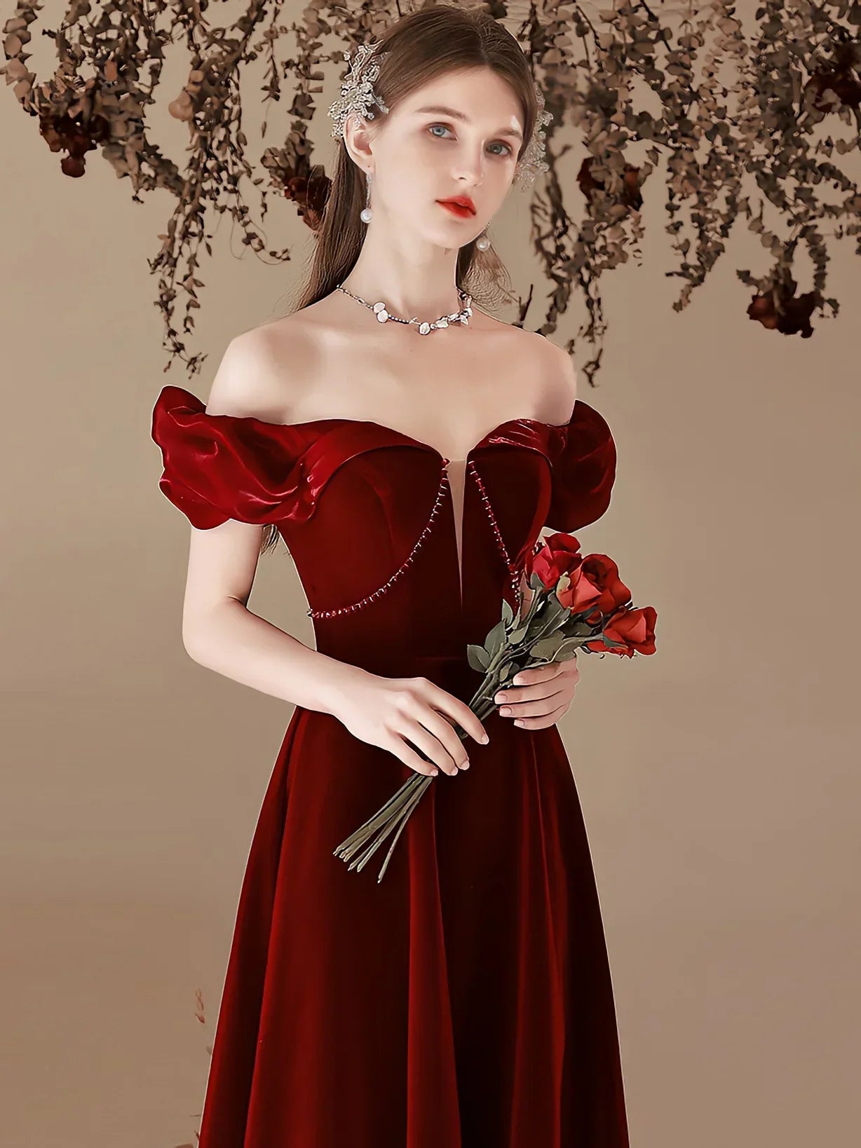 Wine Red Velvet Beaded Off Shoulder Sweetheart Prom Dress, Wine Red Bridesmaid Dress