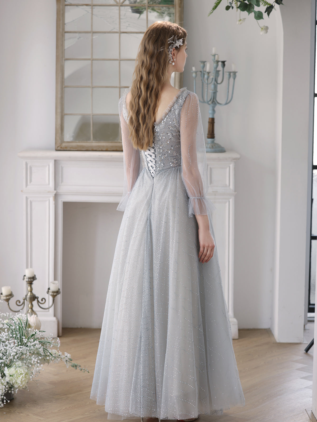 Light Grey Tulle V-neckline Beaded Long Party Dress, Grey Tulle Prom Dress Evening Dress