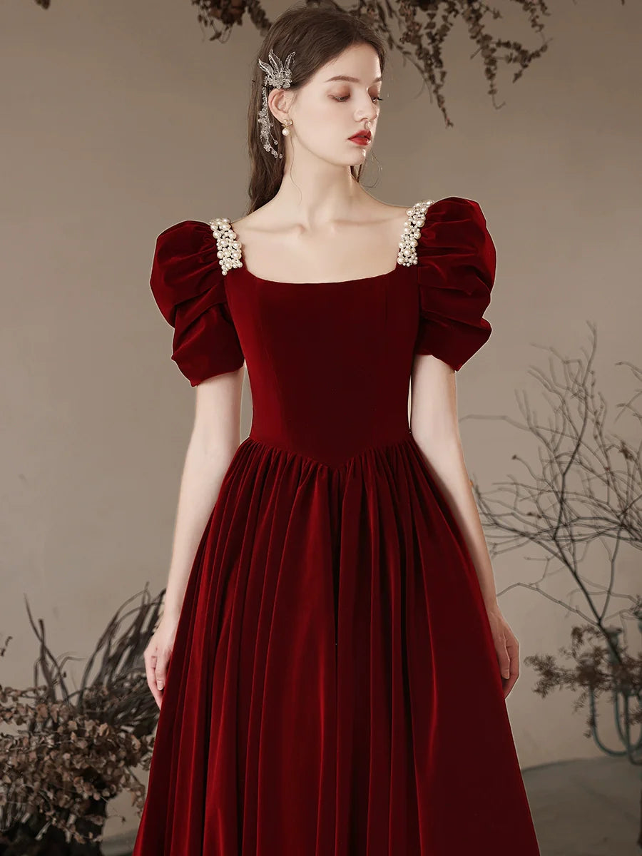 Burgundy A-Line Velvet Beads Long Prom Dress, Burgundy Long Formal Dress