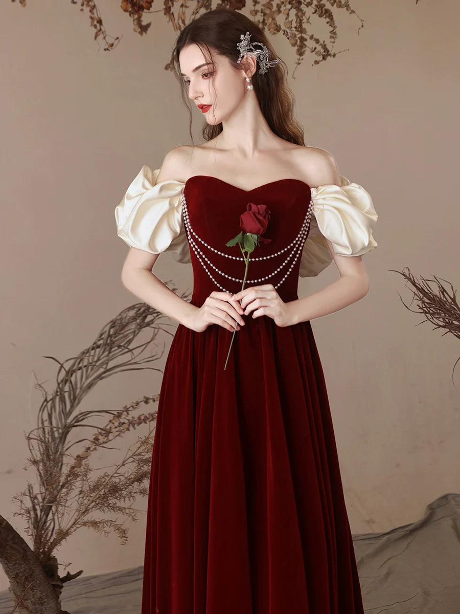 A-Line Sweetheart Neck Velvet Burgundy Long Prom Dress, Burgundy Long Evening Dress