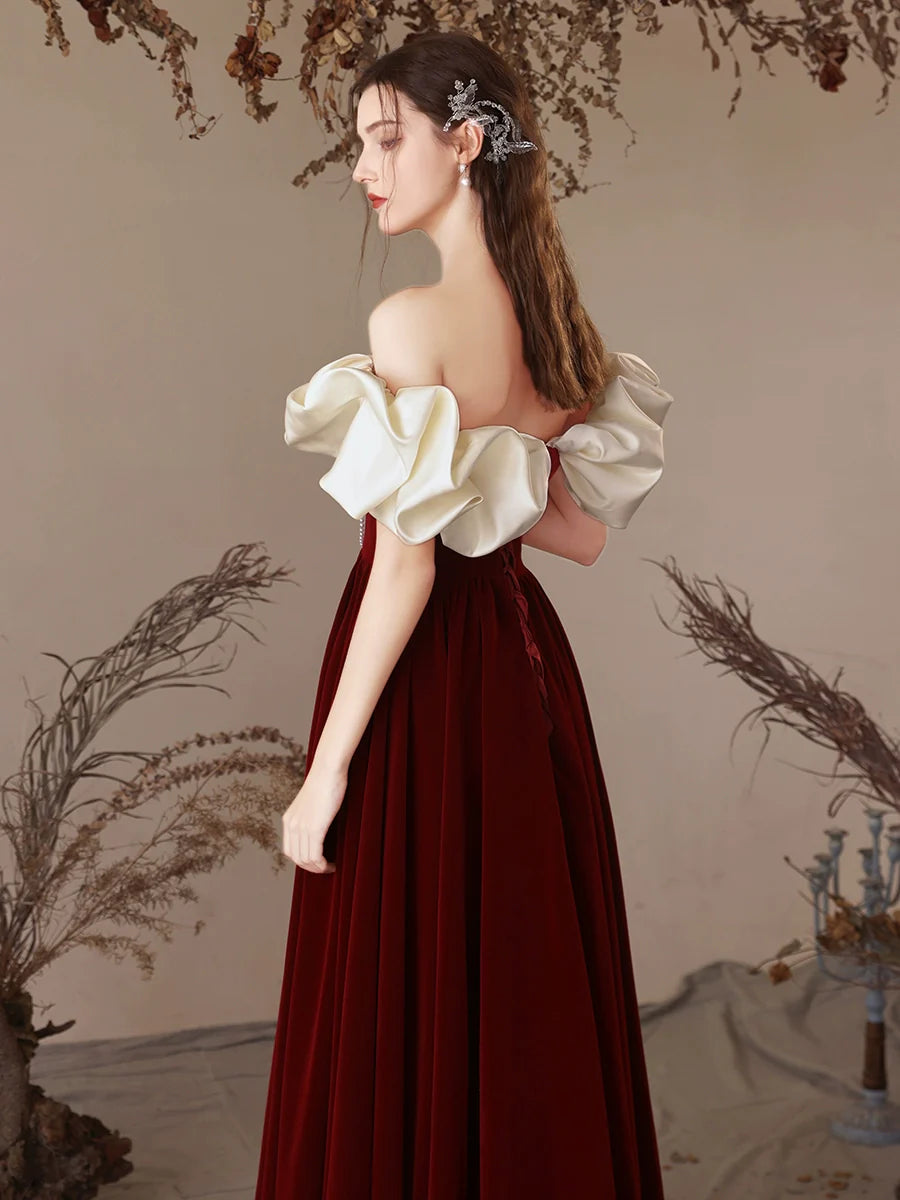 A-Line Sweetheart Neck Velvet Burgundy Long Prom Dress, Burgundy Long Evening Dress