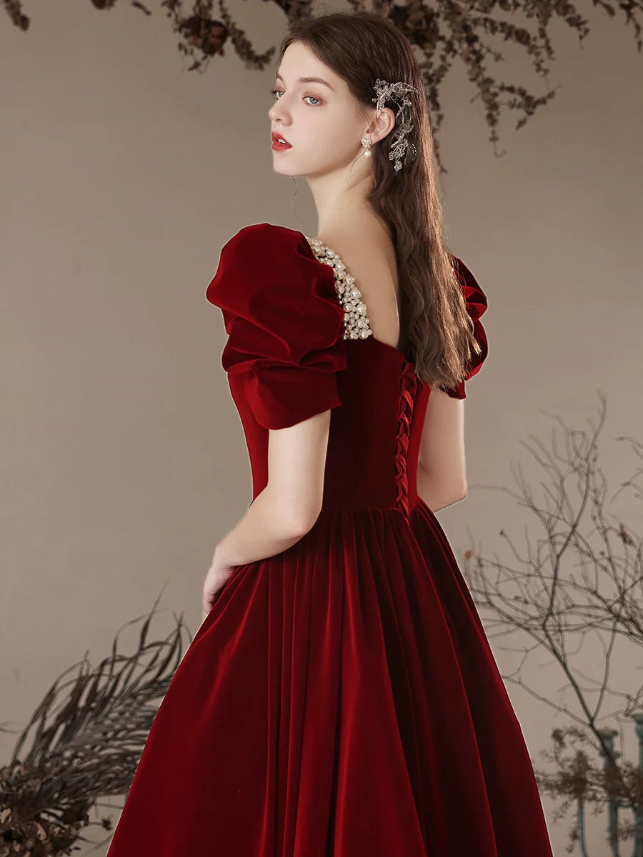 Burgundy A-Line Velvet Beads Long Prom Dress, Burgundy Long Formal Dress