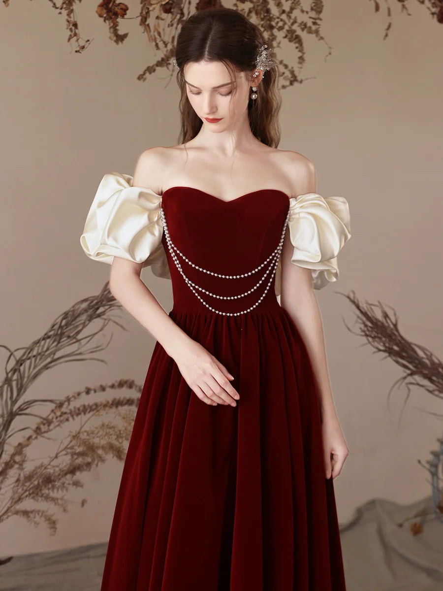 A-Line Sweetheart Neck Velvet Burgundy Long Prom Dress, Burgundy Long Evening Dress