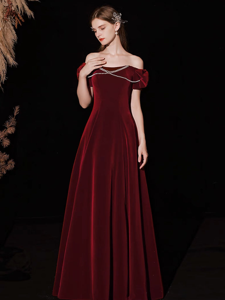Simple Velvet Burgundy Long Prom Dress, Burgundy Long Formal Dress
