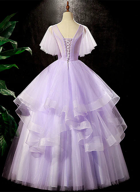 Lavender Tulle V-neckline Sweet 16 Dress with Flowers Formal Dress Prom Dress Elegant Wholesale