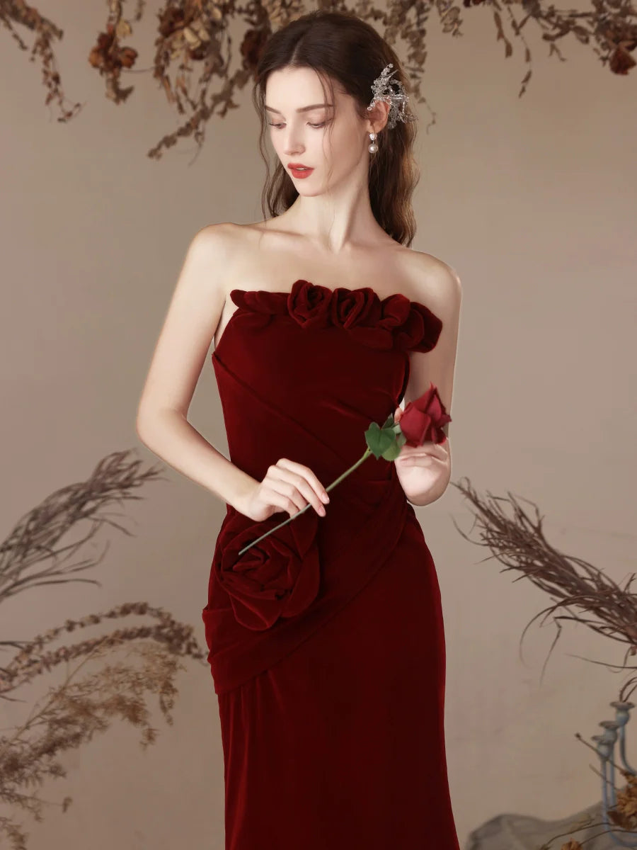 Mermaid Velvet Burgundy Long Prom Dress, Burgundy Long Formal Dress