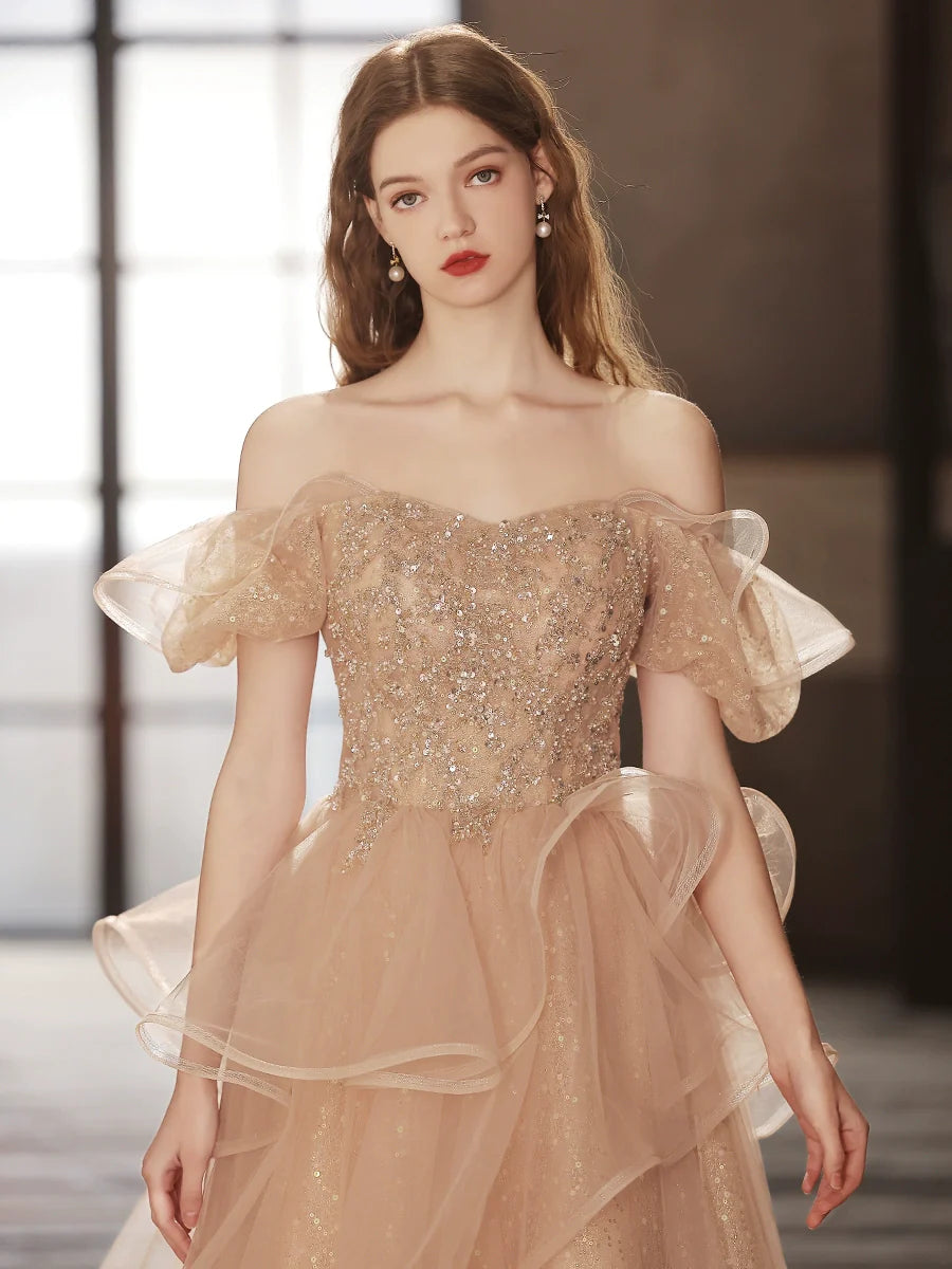 Champagne Tulle Sequin Long Prom Dress, Champagne Tulle Formal Dress