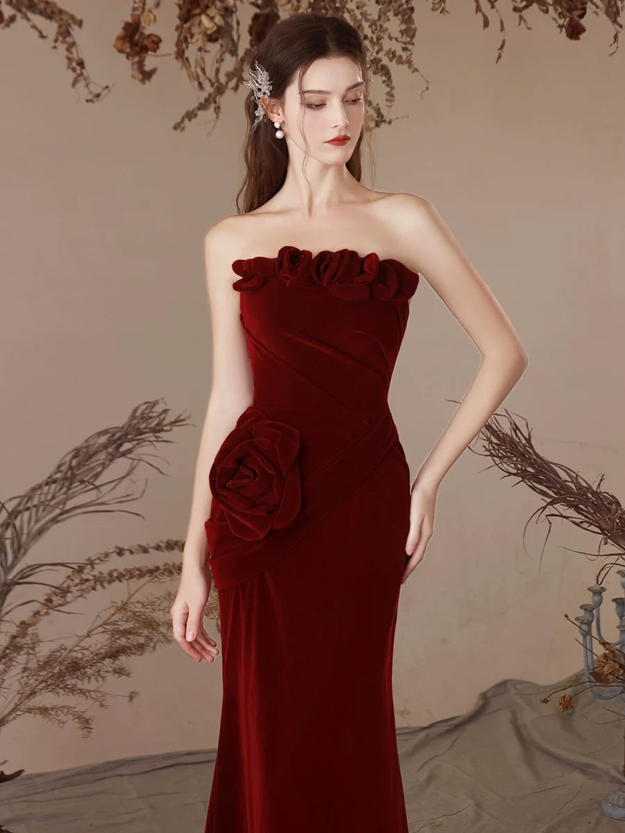Unique Mermaid Velvet Burgundy Long Prom Dress, Burgundy Evening Dress