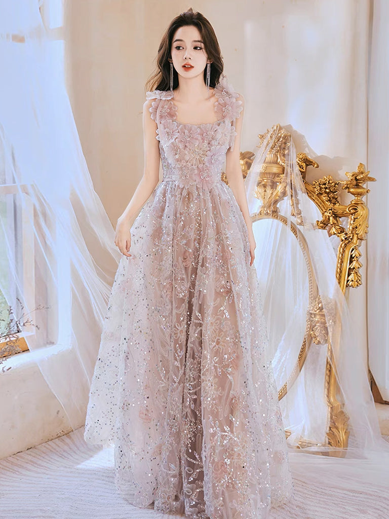 Unique Tulle Lace Pink Long Prom Dress, Lace Pink Long Evening Dress