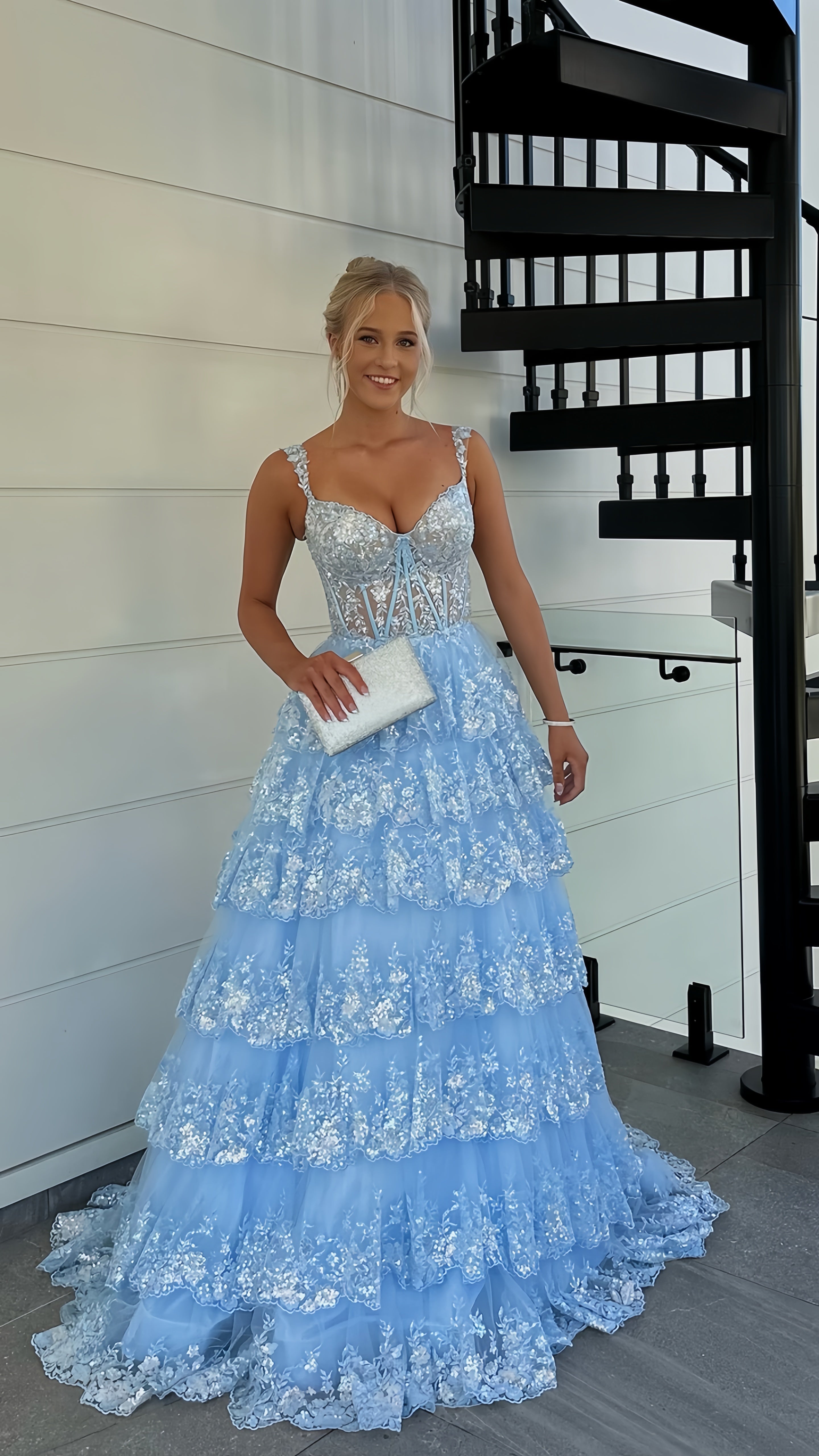 Off The Shoulder Lace Sequin Prom Dress With Ruffle Skirt, AST889