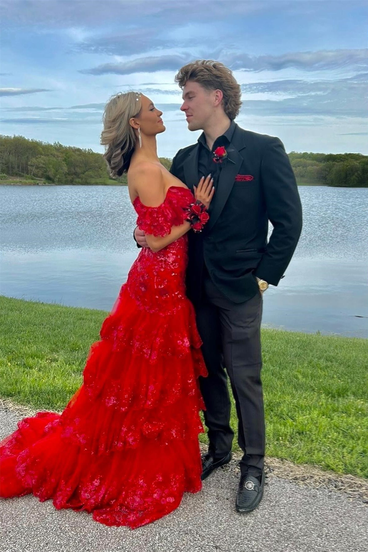 Red Sequin Tiered Mermaid Long Dress Slit Prom Dresses