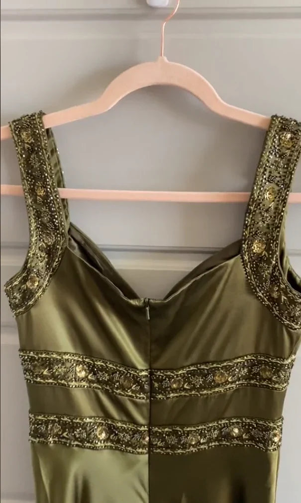 Olive Green Mermaid Beaded Satin Long Prom Dress , AST904