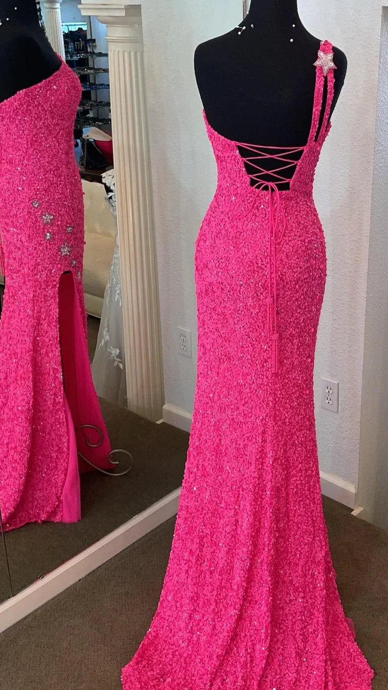 One Shoulder Mermaid Sequin Long Prom Dress With Split,AST1632