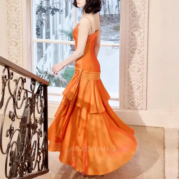 Aimishang Elegant Blue Ruffled Tiered Maxi Dress Long Prom Dress Charming Evening Party Dress Orange Women's Dresses