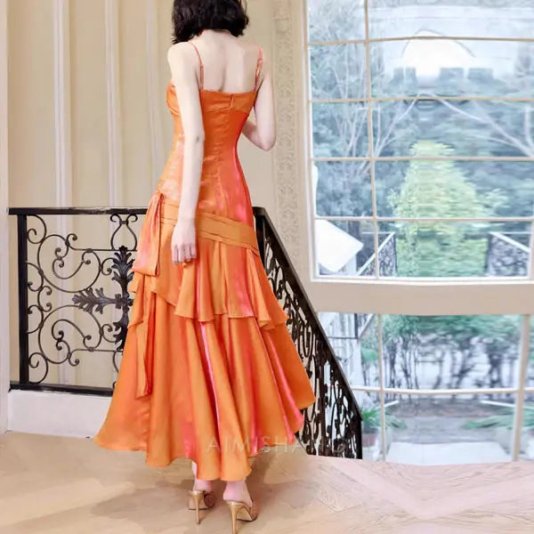 Aimishang Elegant Blue Ruffled Tiered Maxi Dress Long Prom Dress Charming Evening Party Dress Orange Women's Dresses