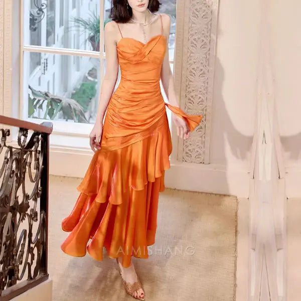 Aimishang Elegant Blue Ruffled Tiered Maxi Dress Long Prom Dress Charming Evening Party Dress Orange Women's Dresses