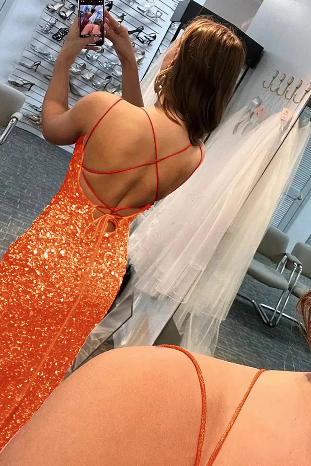 Wholesale Mermaid Glitter Sequins Sexy Orange Backless Long Prom Dress prom dresses shops