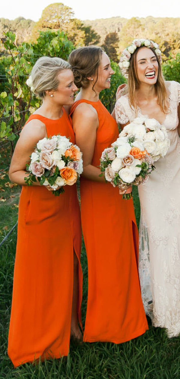Orange Chiffon Round Neck Wuth Front Slip Bridesmaid Dresses,DB119