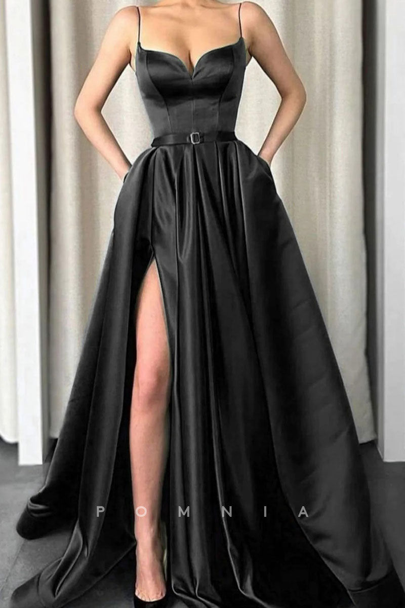 P1143 - A-Line Spaghetti Straps V-Neck Pockets Pleats Prom Party Dress with Slit