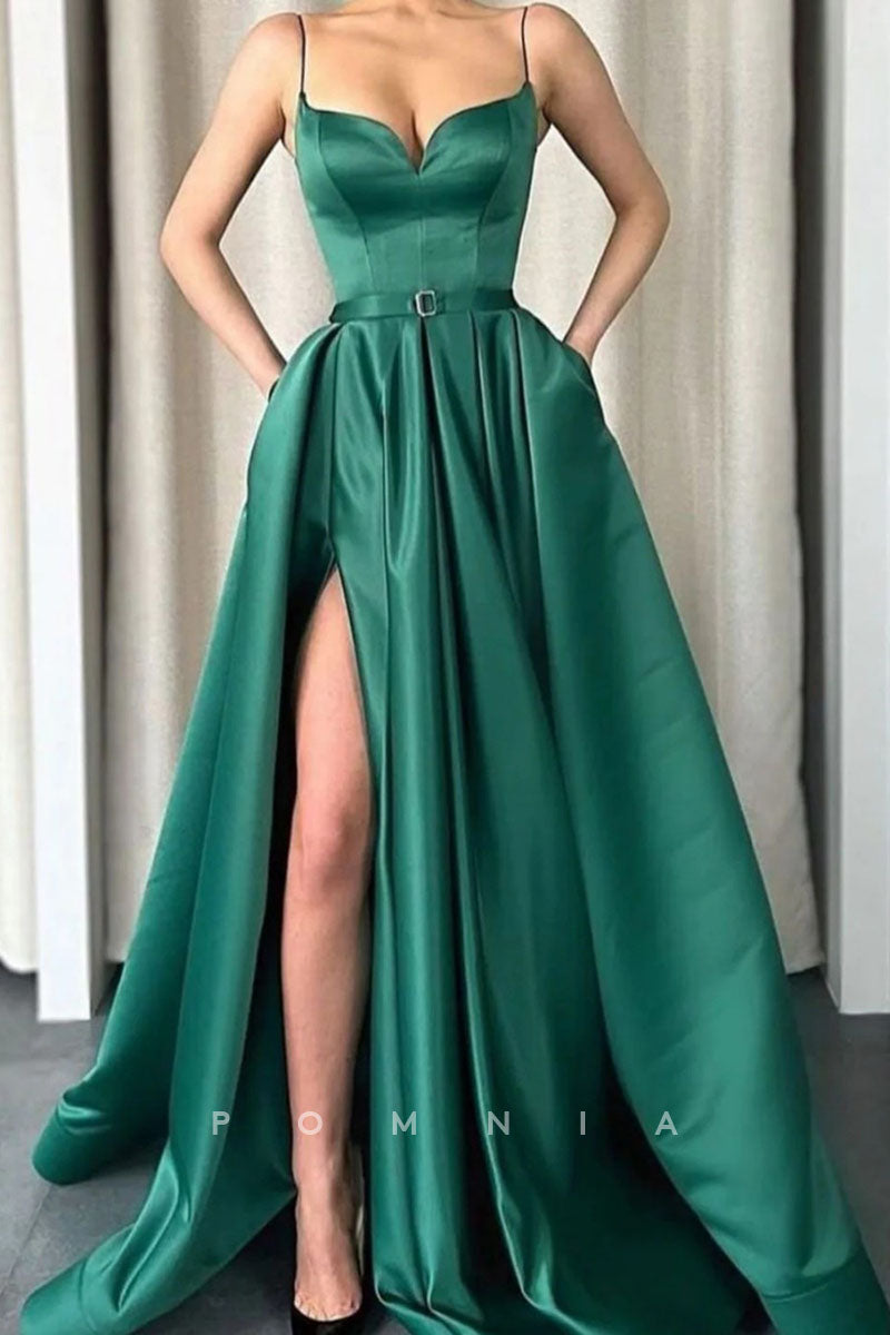P1143 - A-Line Spaghetti Straps V-Neck Pockets Pleats Prom Party Dress with Slit