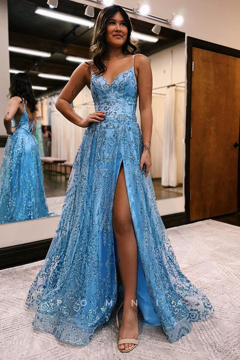 P1246 - Spaghetti Straps V-Neck Appliques A-Line Prom Evening Dress with Slit