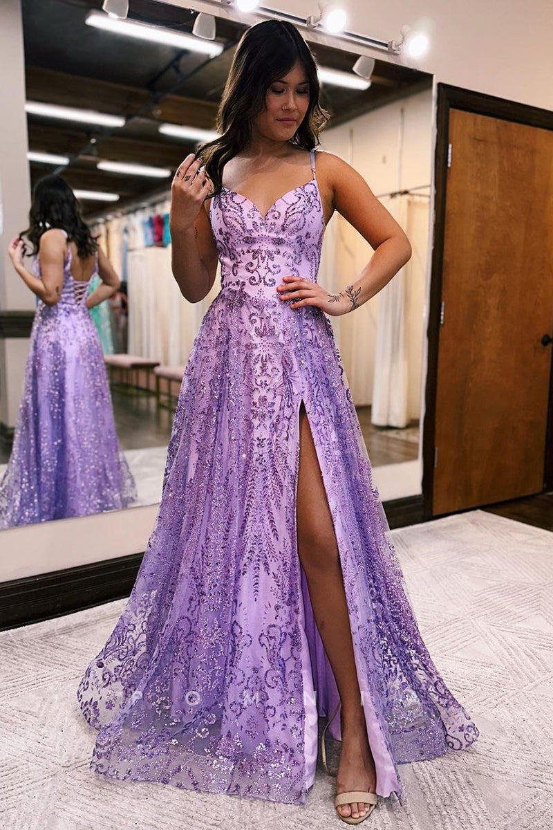 P1246 - Spaghetti Straps V-Neck Appliques A-Line Prom Evening Dress with Slit