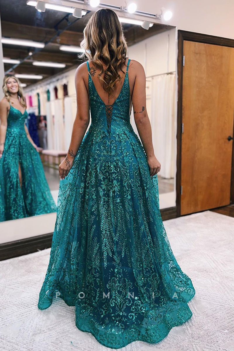 P1246 - Spaghetti Straps V-Neck Appliques A-Line Prom Evening Dress with Slit