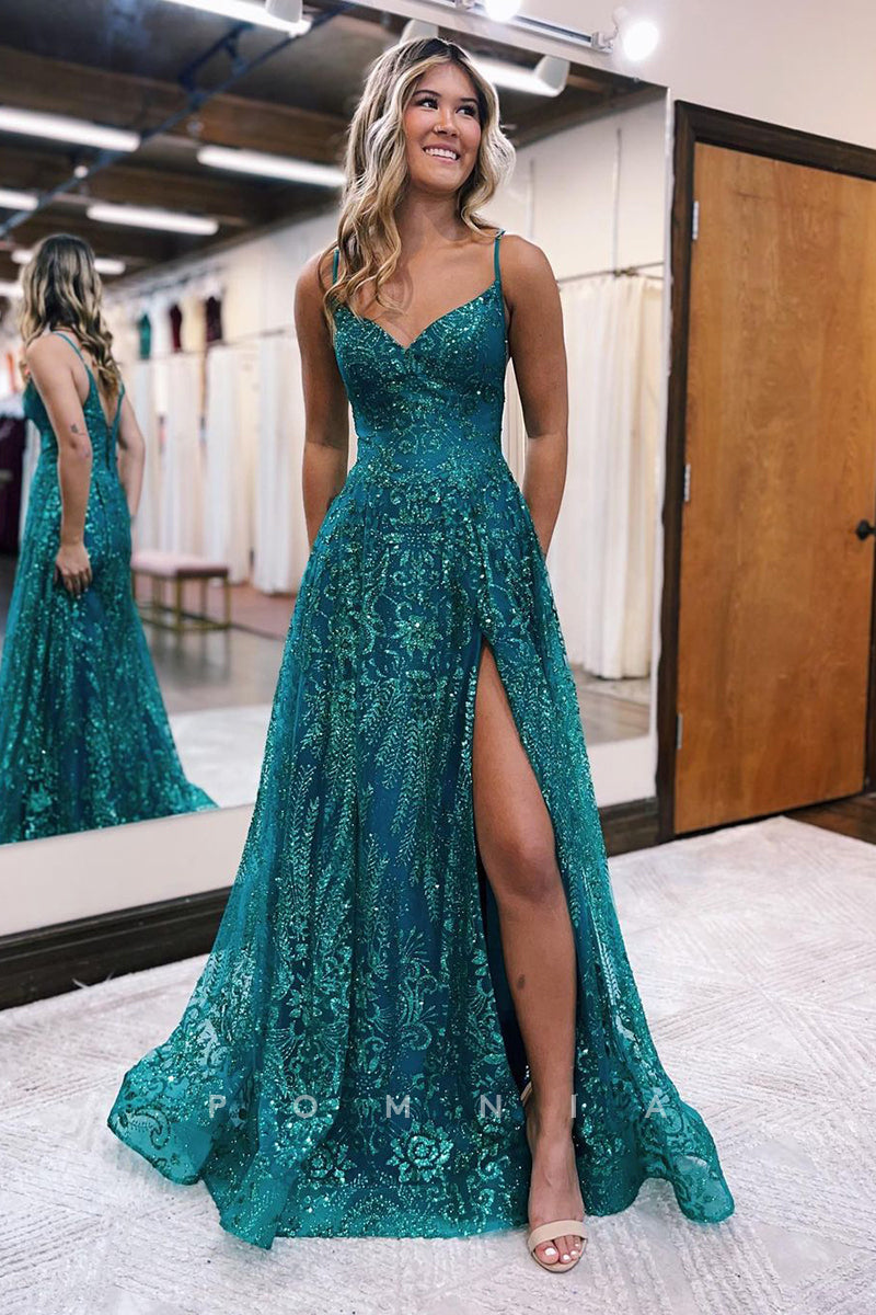 P1246 - Spaghetti Straps V-Neck Appliques A-Line Prom Evening Dress with Slit