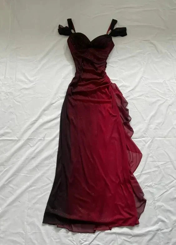 Burgundy Shiny Ruffles Prom Dresses Party Dress Woman Elegant Luxury Long