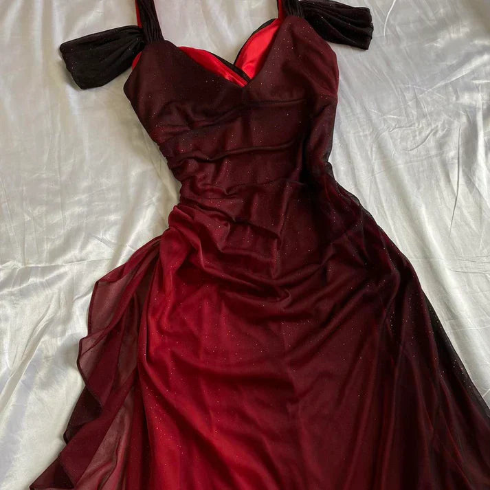 Burgundy Shiny Ruffles Prom Dresses Party Dress Woman Elegant Luxury Long