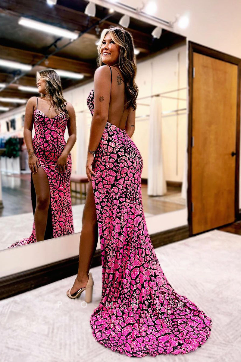 P1557 - Unique Spaghetti Straps V-Neck Sequined High Split Prom Party Dress