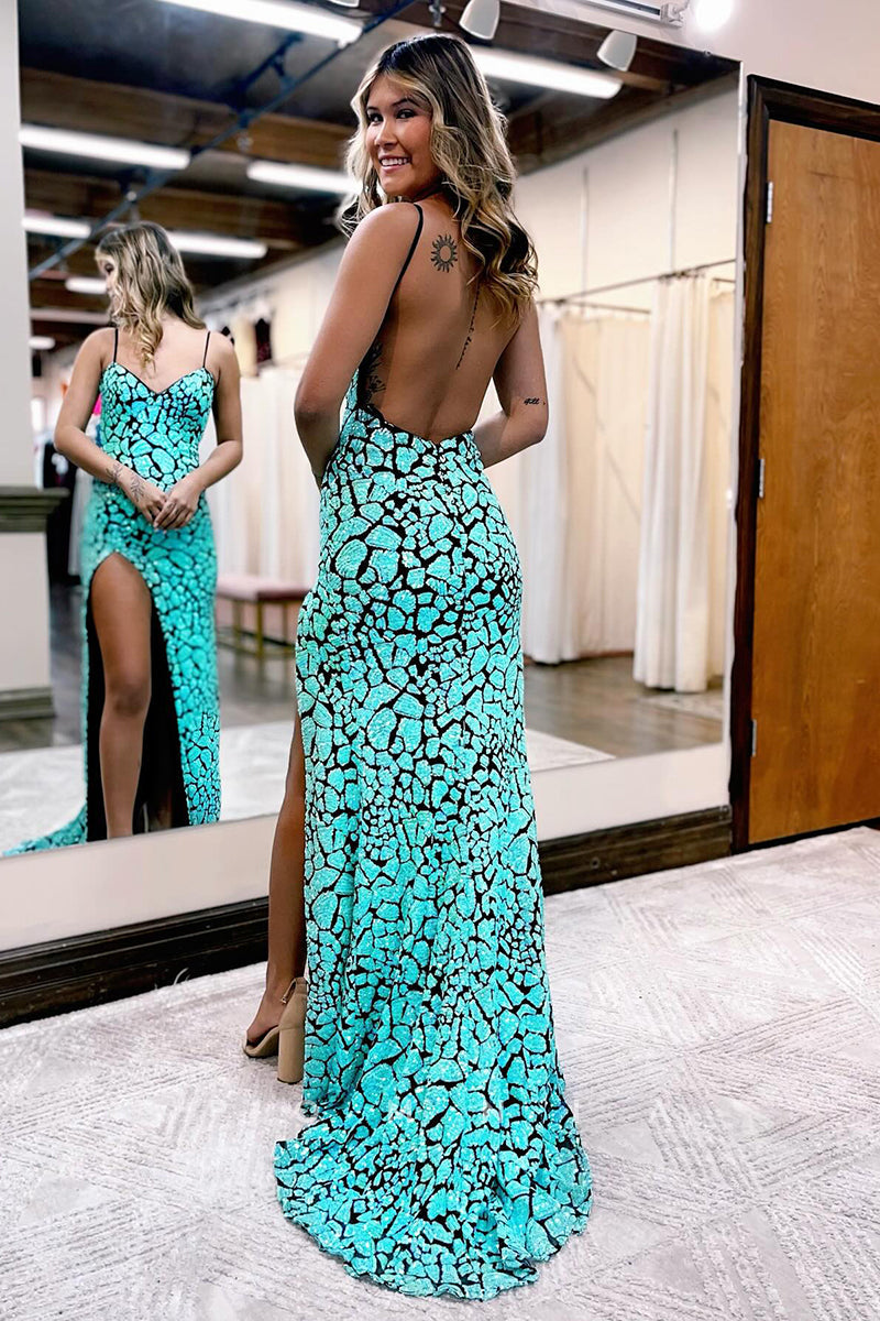 P1557 - Unique Spaghetti Straps V-Neck Sequined High Split Prom Party Dress