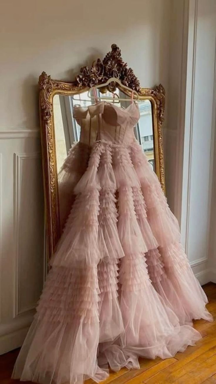 Fairy Ball Gown Strapless Pink Tiered Tulle Long Prom Dresses Evening Dress P1955