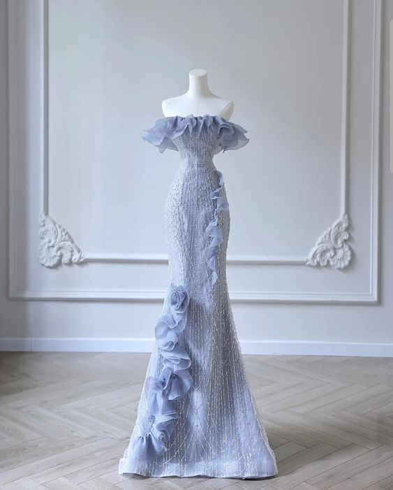 Mermaid Strapless Blue Sequin Prom Dresses Evening Dress P2038