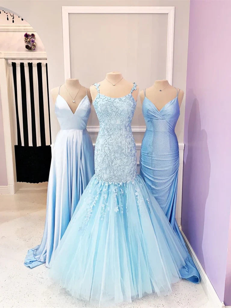 Appliqued Mermaid Prom Dresses Tulle Evening Gowns Floor Length Lilac Sky Blue Beautiful Wholesale
