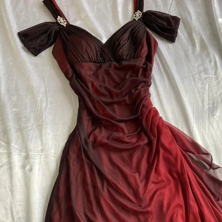 Burgundy Shiny Ruffles Prom Dresses Party Dress Woman Elegant Luxury Long