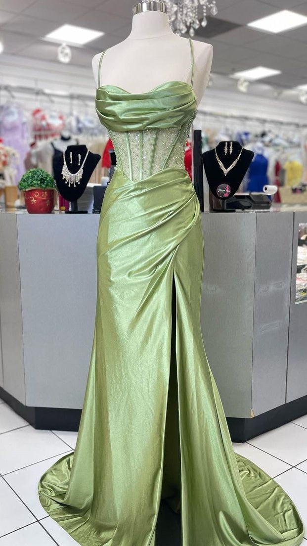 Pastel Yellow Sheath Prom Dress, Split Celebrity Dress,AST1685