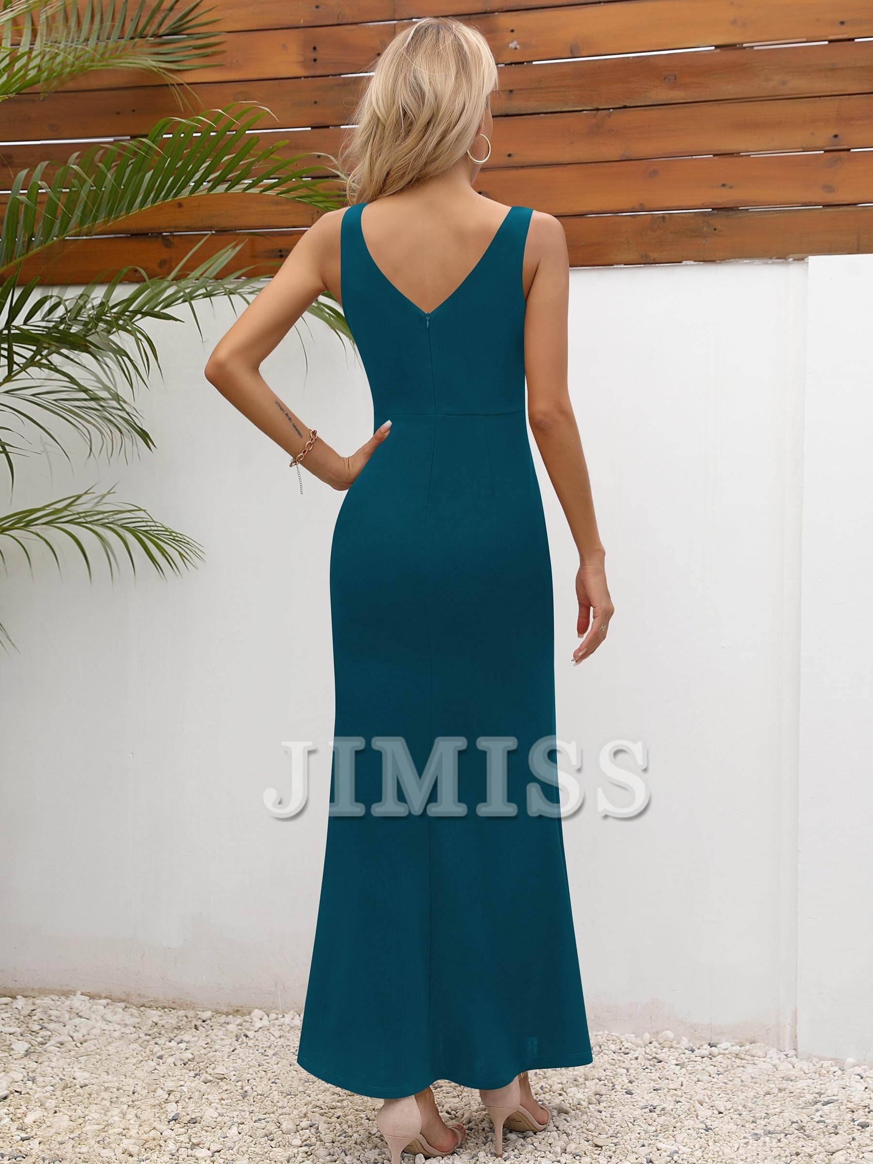Rooster neckline sleeveless ruffled high slit evening gown