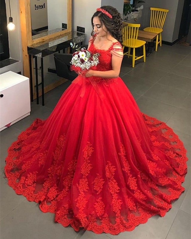 Pearl Beaded Straps Tulle And Lace Ball Gown Wedding Dresses