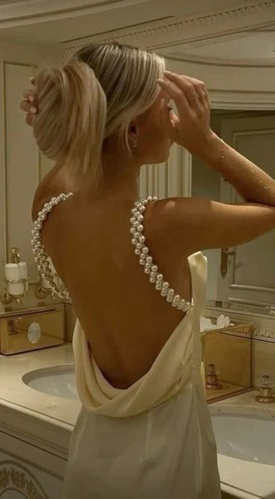 Pearl Straps Patel Yellow Satin Long Prom Dress Backless Birthday Dress, AST901