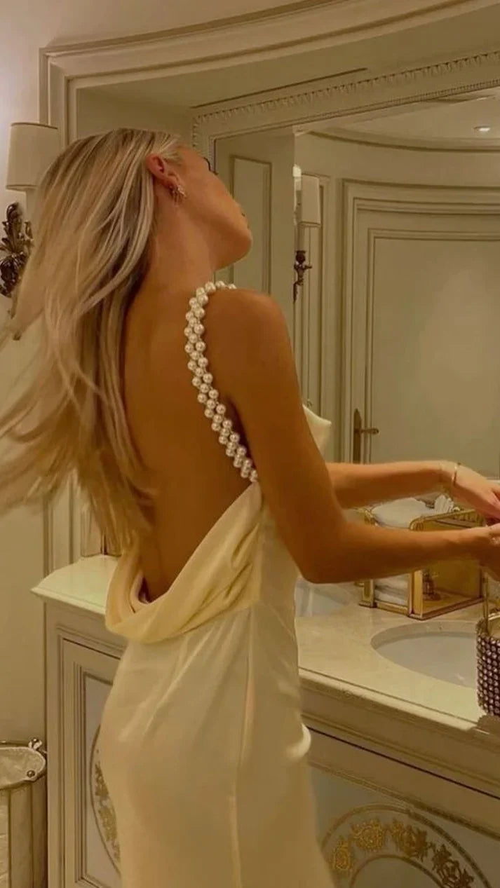 Pearl Straps Patel Yellow Satin Long Prom Dress Backless Birthday Dress, AST901