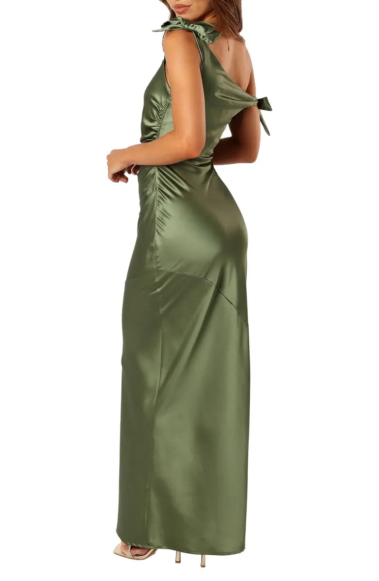 A noble one shoulder off the shoulder satin bow long evening dress