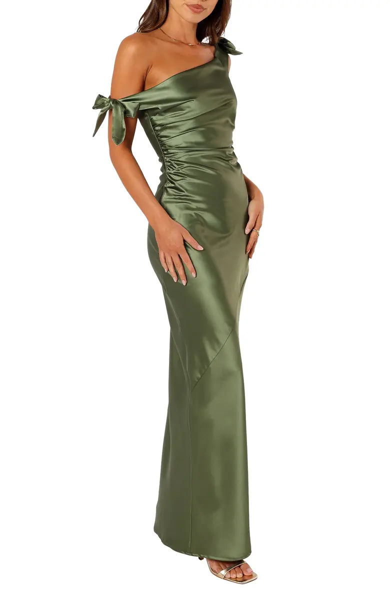A noble one shoulder off the shoulder satin bow long evening dress