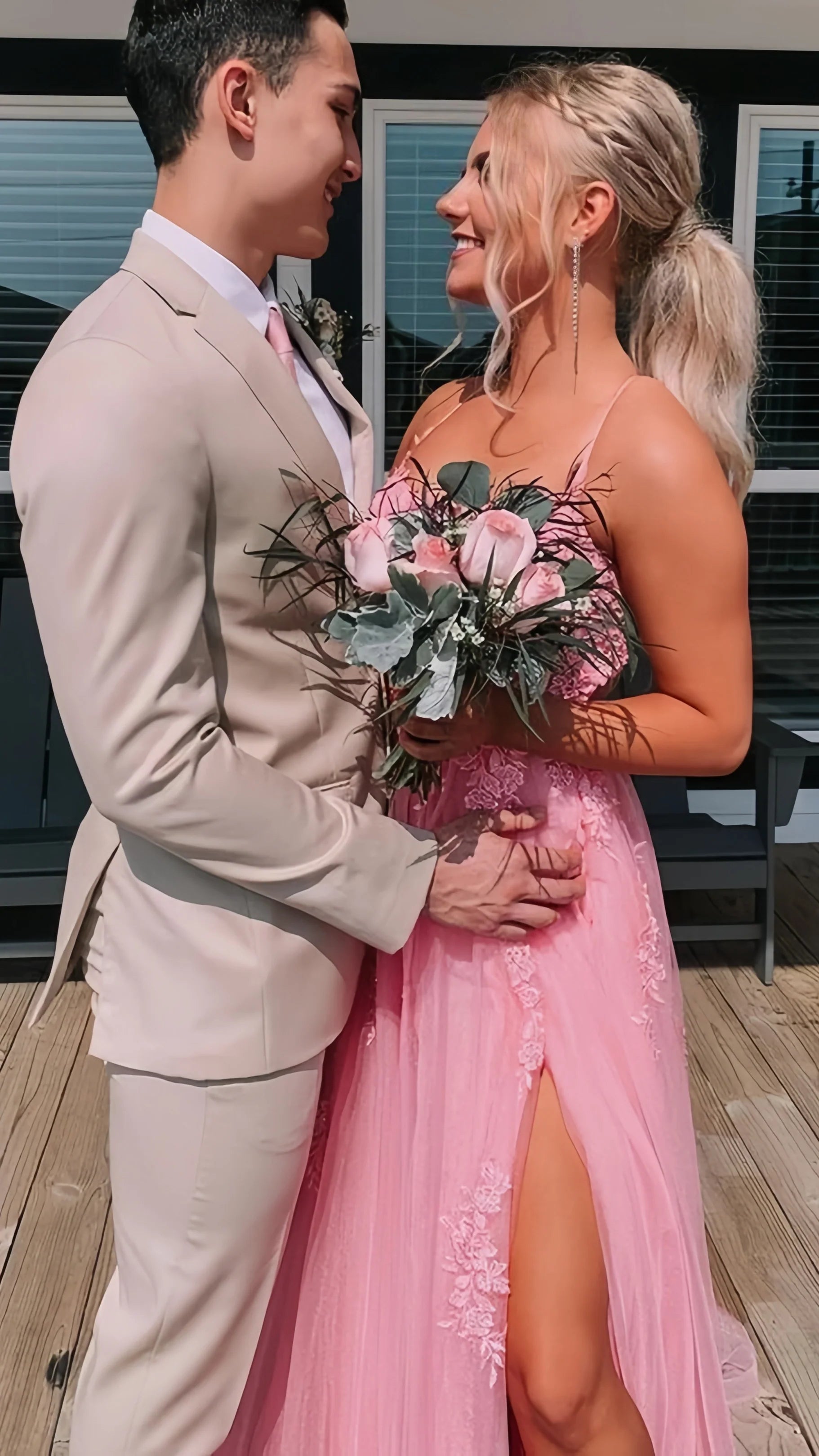 Pink A-Line Lace Up Prom Dresses With Split, AST1584